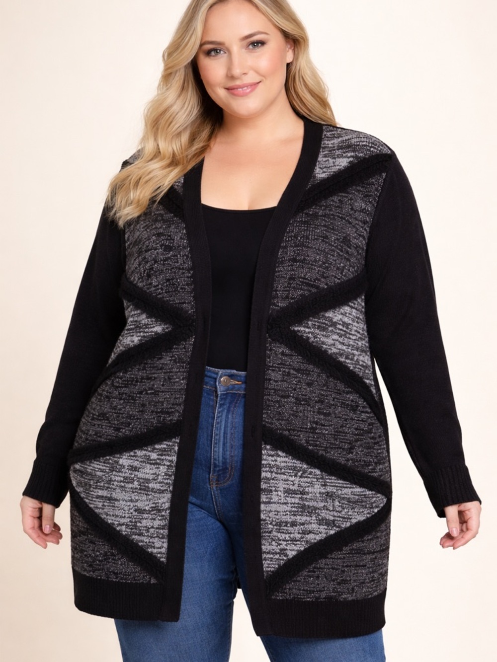 89th & Madison Metallic Open Cardigan 2X Black Gray Longline +Size Chic Layer - Picture 2 of 9